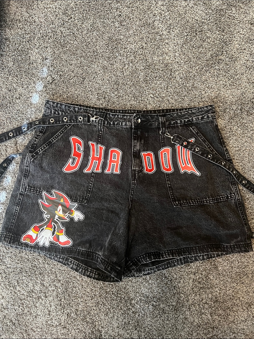 Black 'Shadow' Graphic Denim Shorts with clip Suspenders- Size 18 Women’s